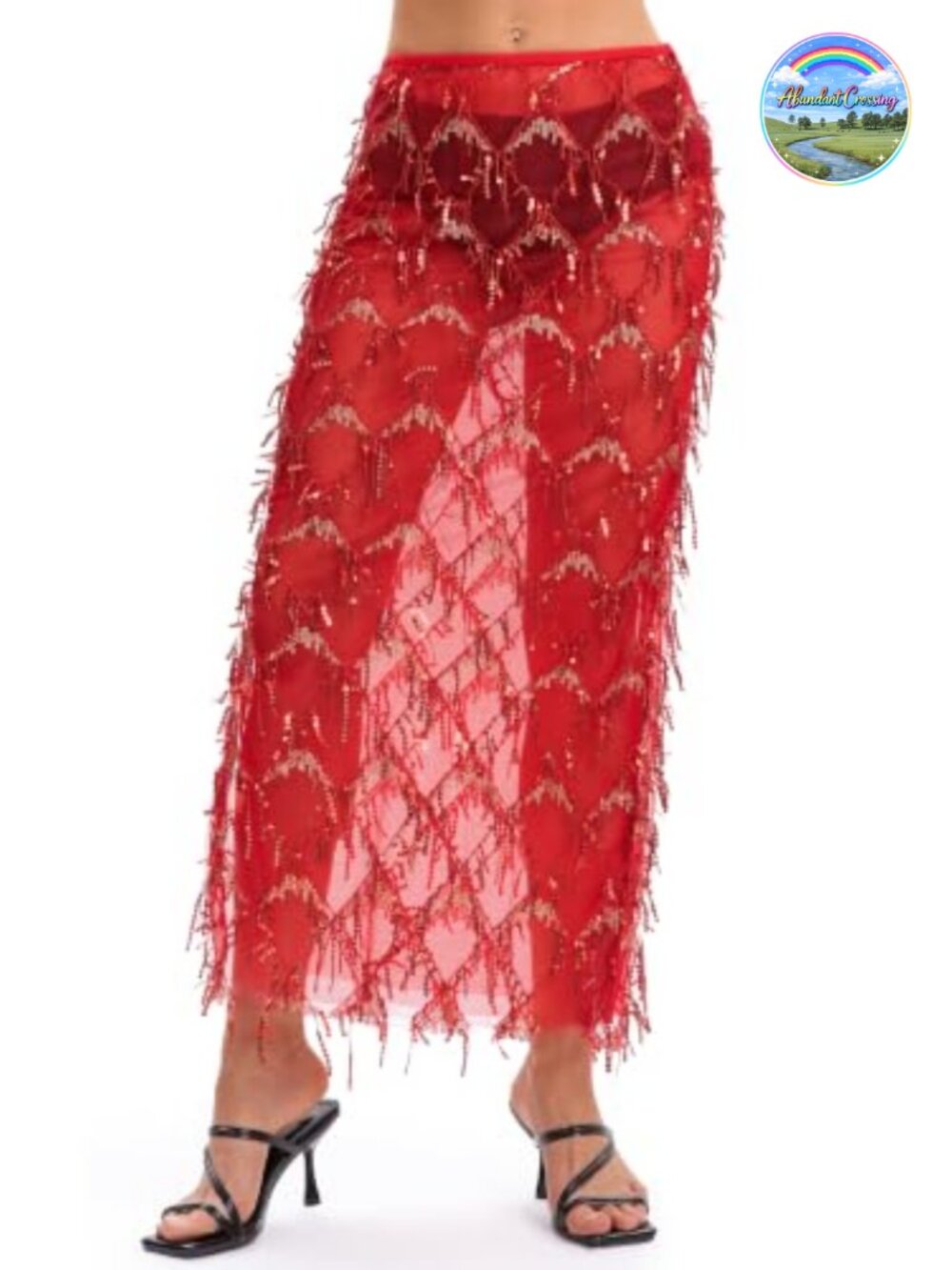 Sequin Fringe Midi Skirt Sheer Mesh Tassel Party Skirt